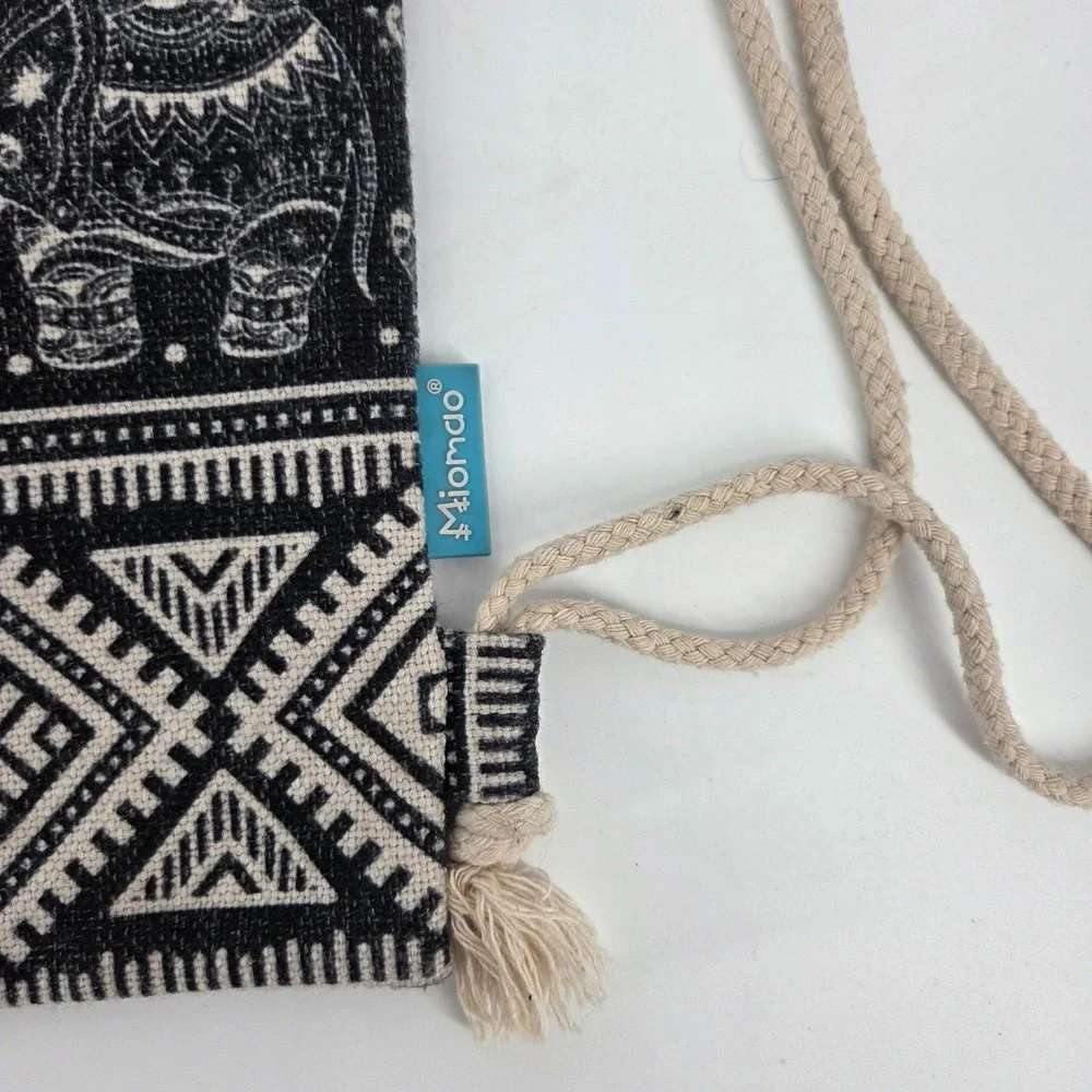 Miomao Black Cream Elephant Tribal Geometric Woven Drawstring Backpack Boho Bag